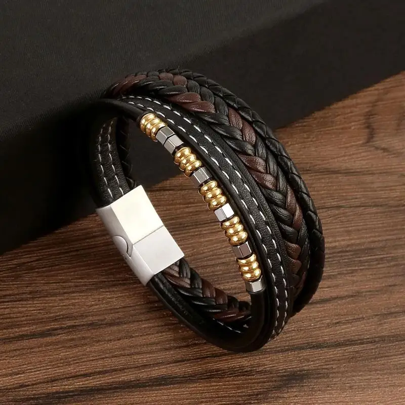 Jiayiqi Stainless Steel Bangle High Quality Leather Bracelet Men Fashion New Design Male Braid Hand Jewelry