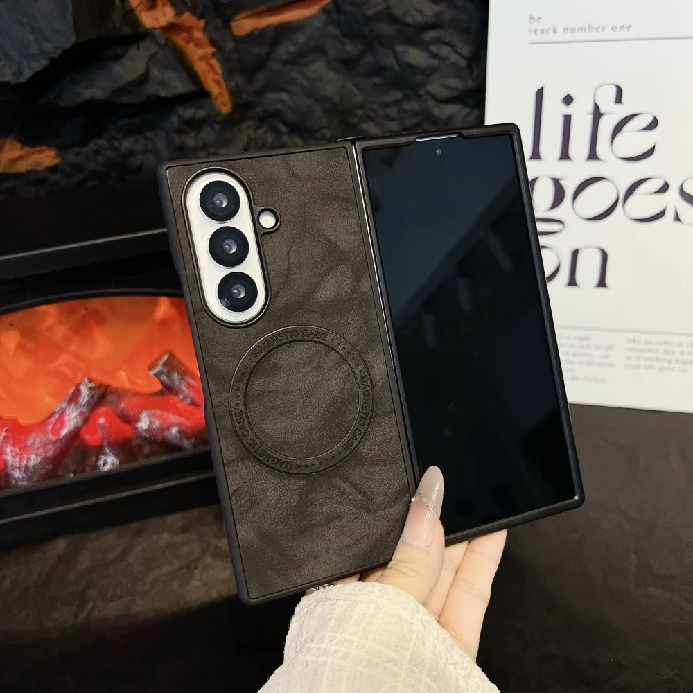 Magnetic Wireless Charging Leather Patterned Phone Case with Silicone Soft Bumper Cover