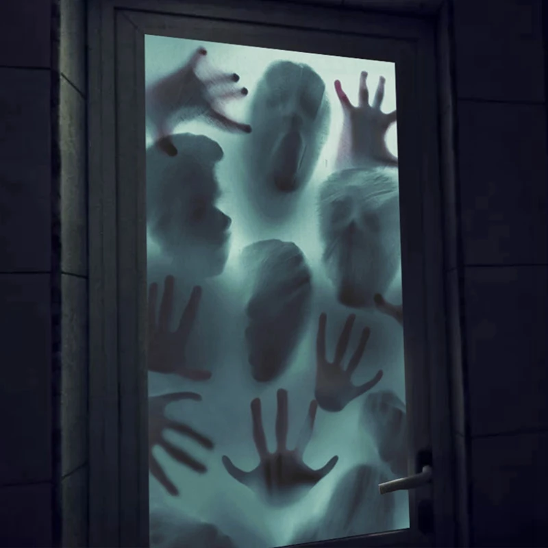 A01F-Halloween Static Stickers Removable Bloody Handprint Ghost Horror Window Sticker Halloween Party Decoration For Home