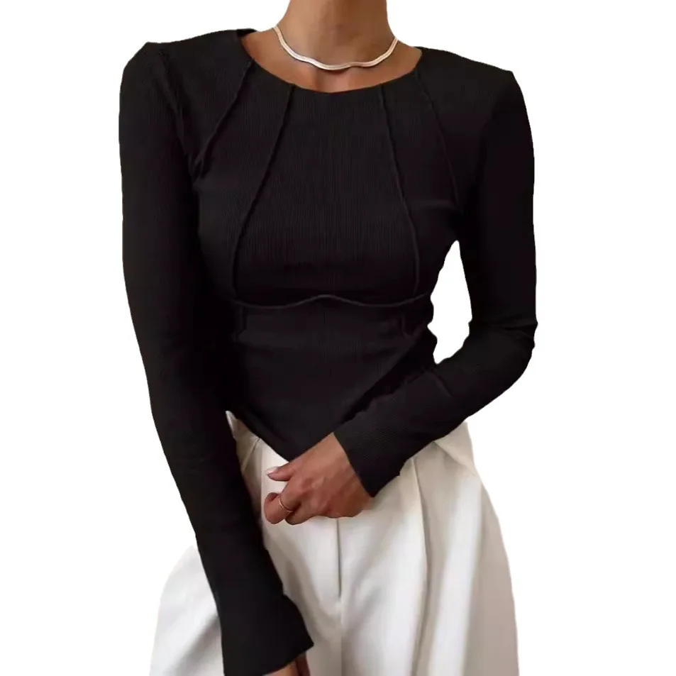 Pink Striped Long Sleeve Slim Fit Cropped T Shirt For Women