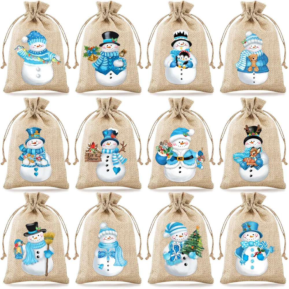 12pcs Set 13*18cm New Christmas Linen Drawstring Gift Bags, Jewelry Gift Bags, Party Drawstring Gift Pouches In Random Patterns