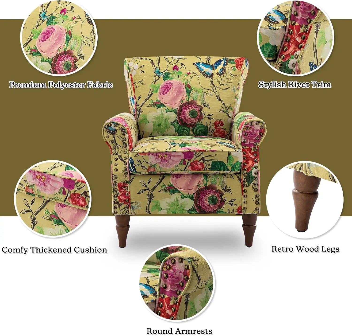Description Picture 5 of itemModern Wingback Accent Chair with Wood Legs & Removable Cushion, Comfy Upholstered Armchair with Nailhead Trim, Floral Pattern