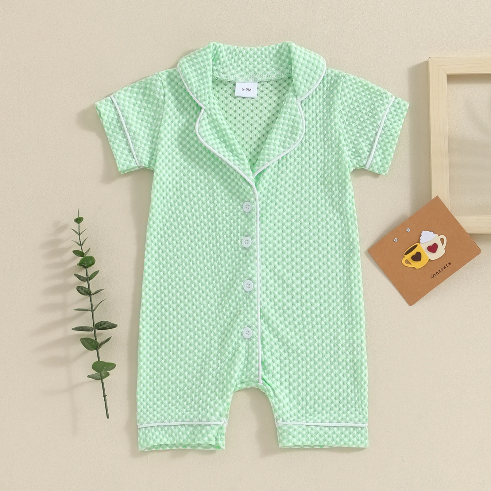 Pudcoco Infant Newborn Baby Boys Girls Jumpsuits Short Sleeve Lapel Collar Button Down Textured Rompers Newborn Pajamas 0-18M