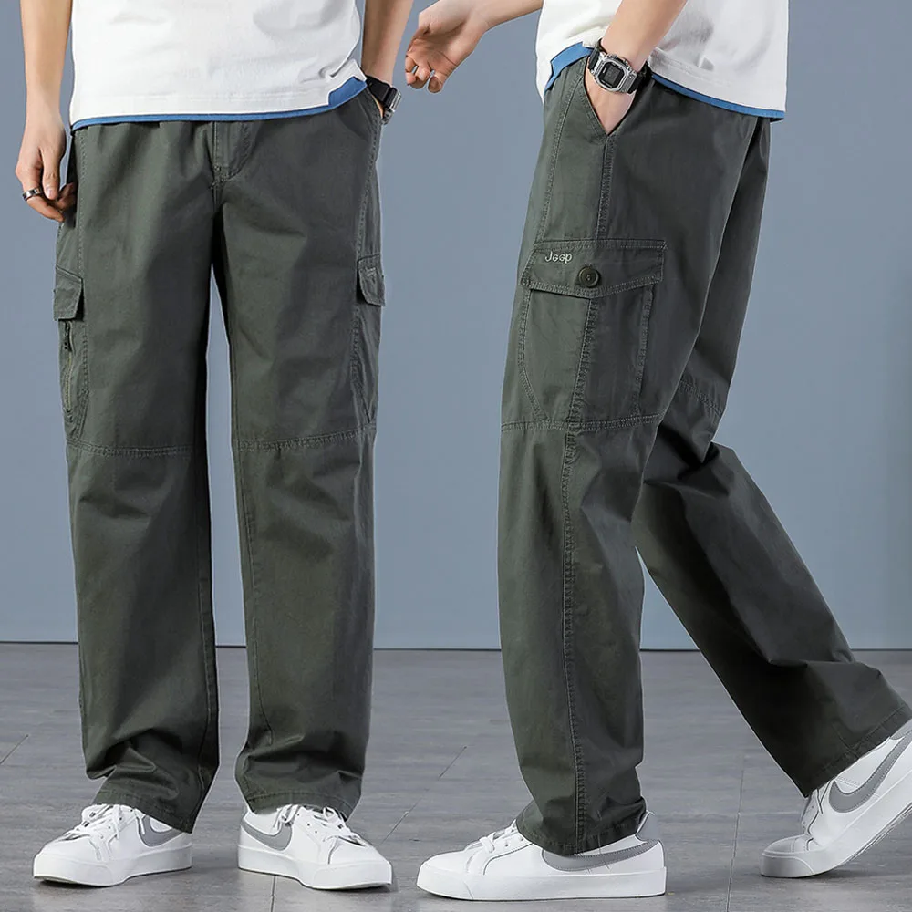 Men Mid Waist Straight Military Style Casual Cargo Pants Multi Pocket Overalls Trouser Male