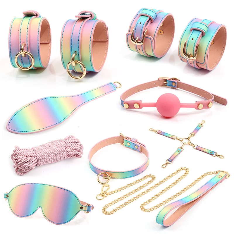 Regenboog kleur BDSM bondage Kit beperkingen Set handboeien blinddoek mond bal gag Hogtie bondage touw erotische seks_voghion.com