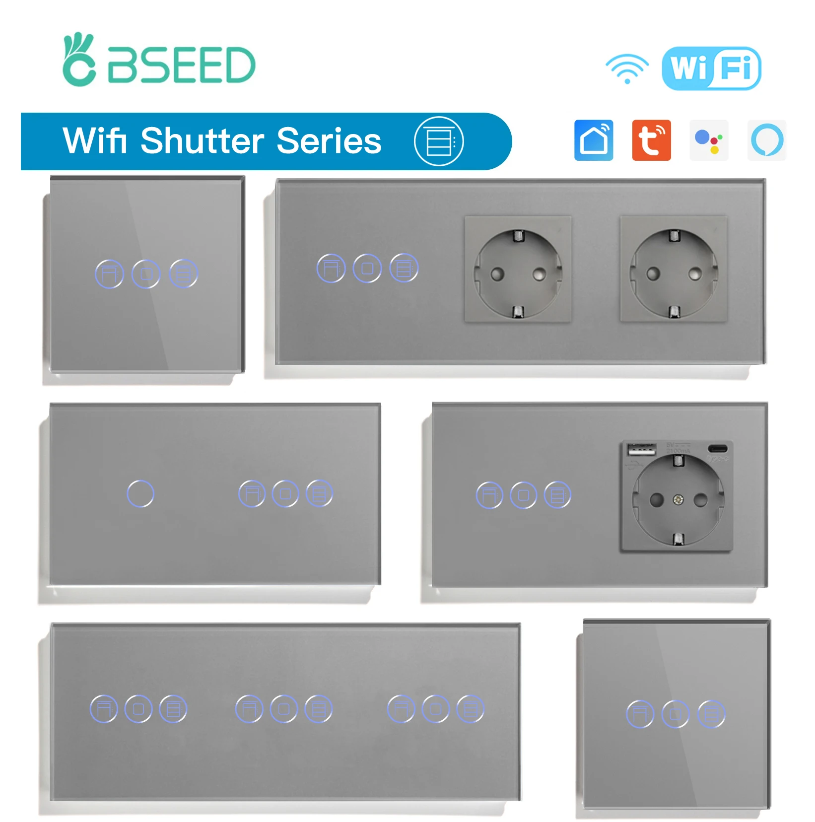 Bseed-interruptores de Obturador Wifi Controle App Série Inteligente Cega Painel de Vidro Cinza Suporte Tuya Google Smart Life Obturador de Rolo de Parede