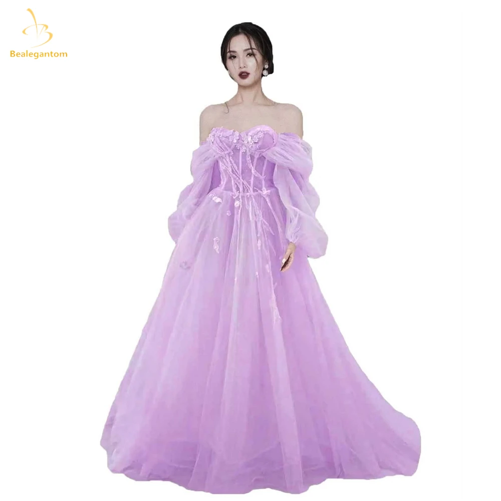

Bealegantom Sexy Bohemia Off Shoulder Prom Dresses Tulle Long Sleeves Formal Occasion Evening Party Gown Robes De Soiree QA205