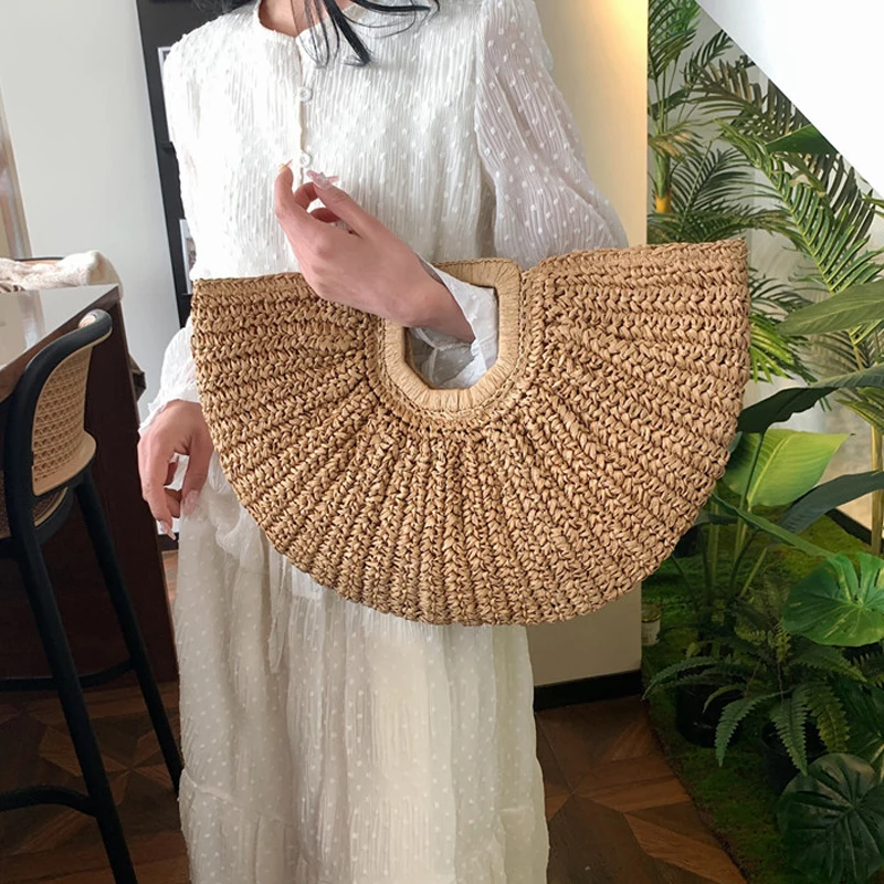 Women's Retro Rattan Handbag Handmade Knitted Tote Bag Summer Straw Half-Moon Beach Fashion Big Handle Bag