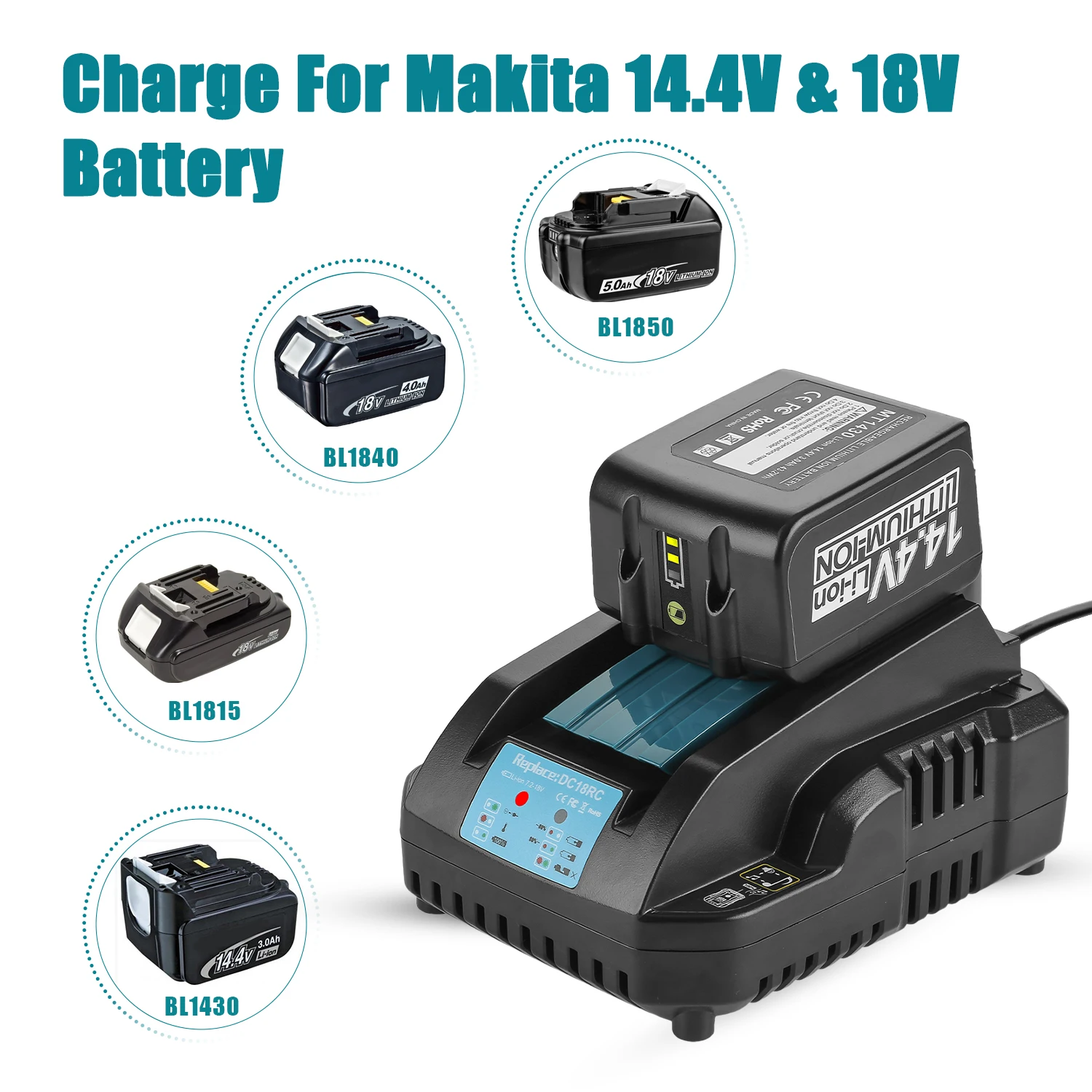 마키타 18V 14.4V BL1860B,BL1850B,BL1840,BL1830,BL1820,BL1415,BL1440 전동 공구용 DC18RC 3A 리튬 이온 배터리 충전기