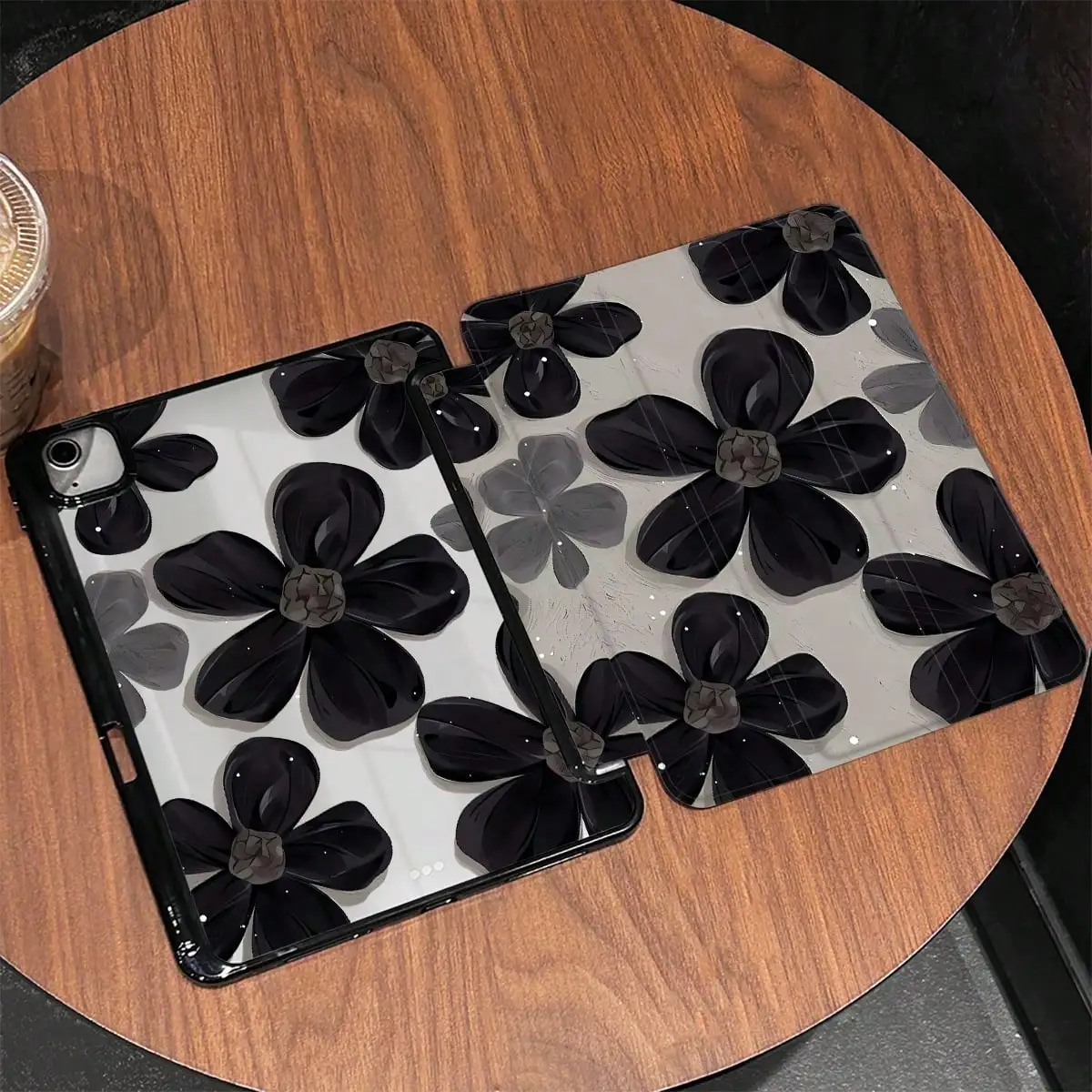 Elegant Black Floral PU iPad Case Cover