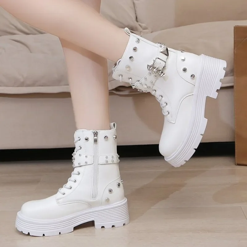 

Женские ботильоны на толстом каблуке со шнуровкой, черные массивные ботинки, новые зимние кожаные ботинки, женская теплая обувь на платформе и высоком каблуке