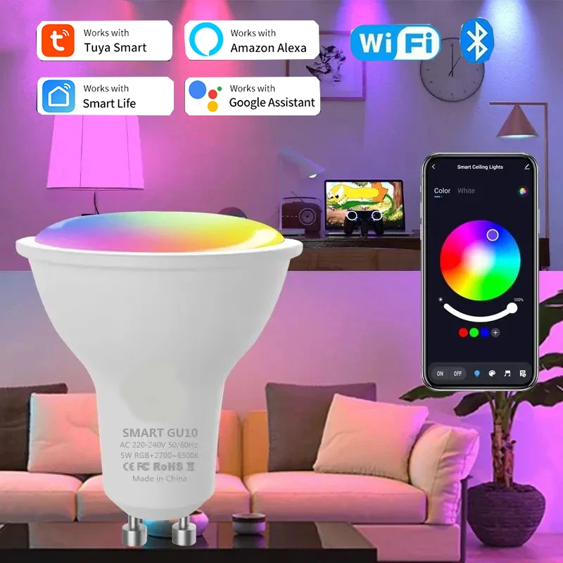 Smart LED Light Bulbs GU10 Tuya WiFi Bluetooth Dimmable Smart Life App Control Spotlight Works With Alexa Google