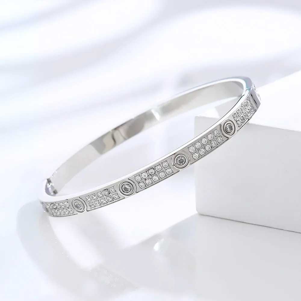 New Design Two Rows of Zircon Bracelet & Bangle For Women Girl Stainless Steel Couple Jewelry Wedding Gift 6