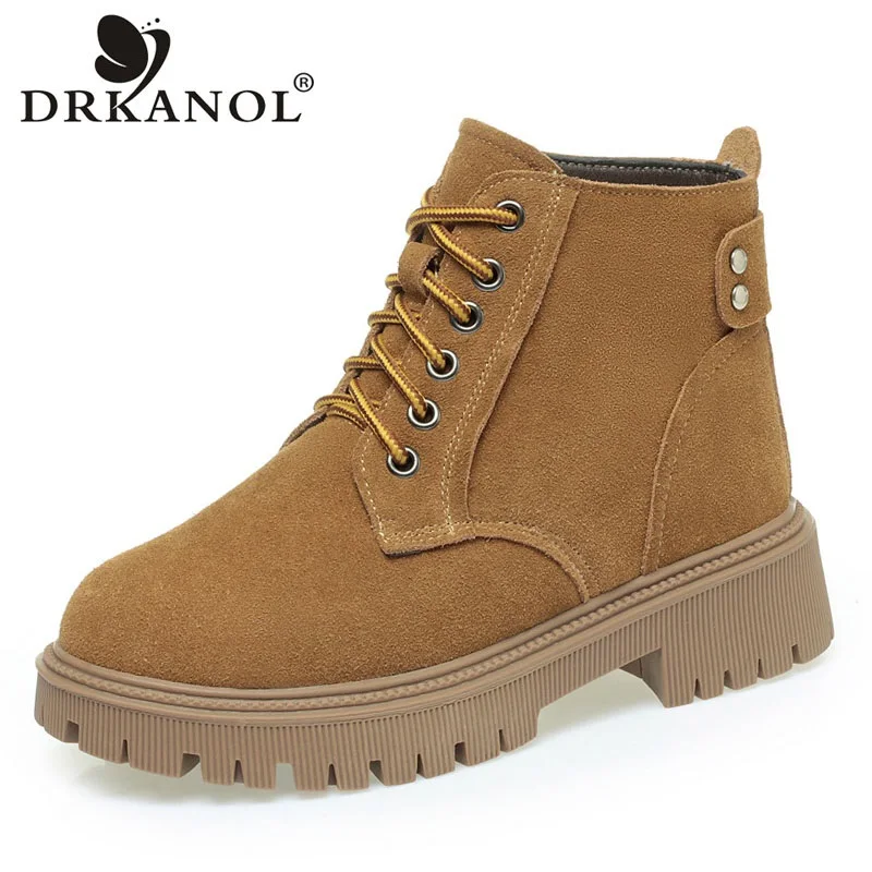 

DRKANOL Big Size 42 43 Women Ankle Snow Boots Winter Warm Wool Thick Heel Boots Ladies Solid Color Cow Suede Shearling Fur Shoes