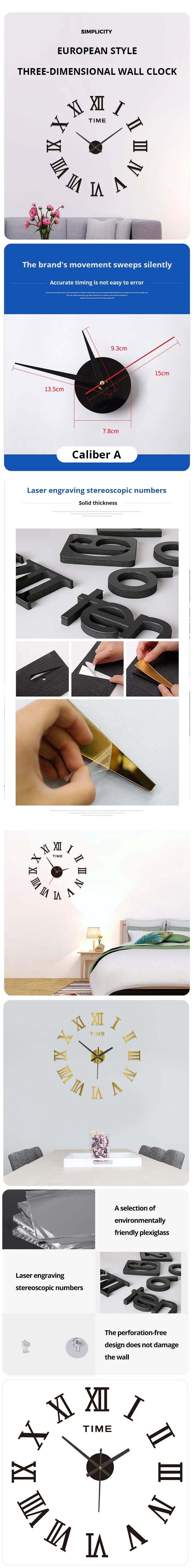3D Acryl digitale Wanduhr römische Ziffern Design Spiegel Wanduhr Mode große runde Wanduhr diy selbst klebende Uhren – Detail 1