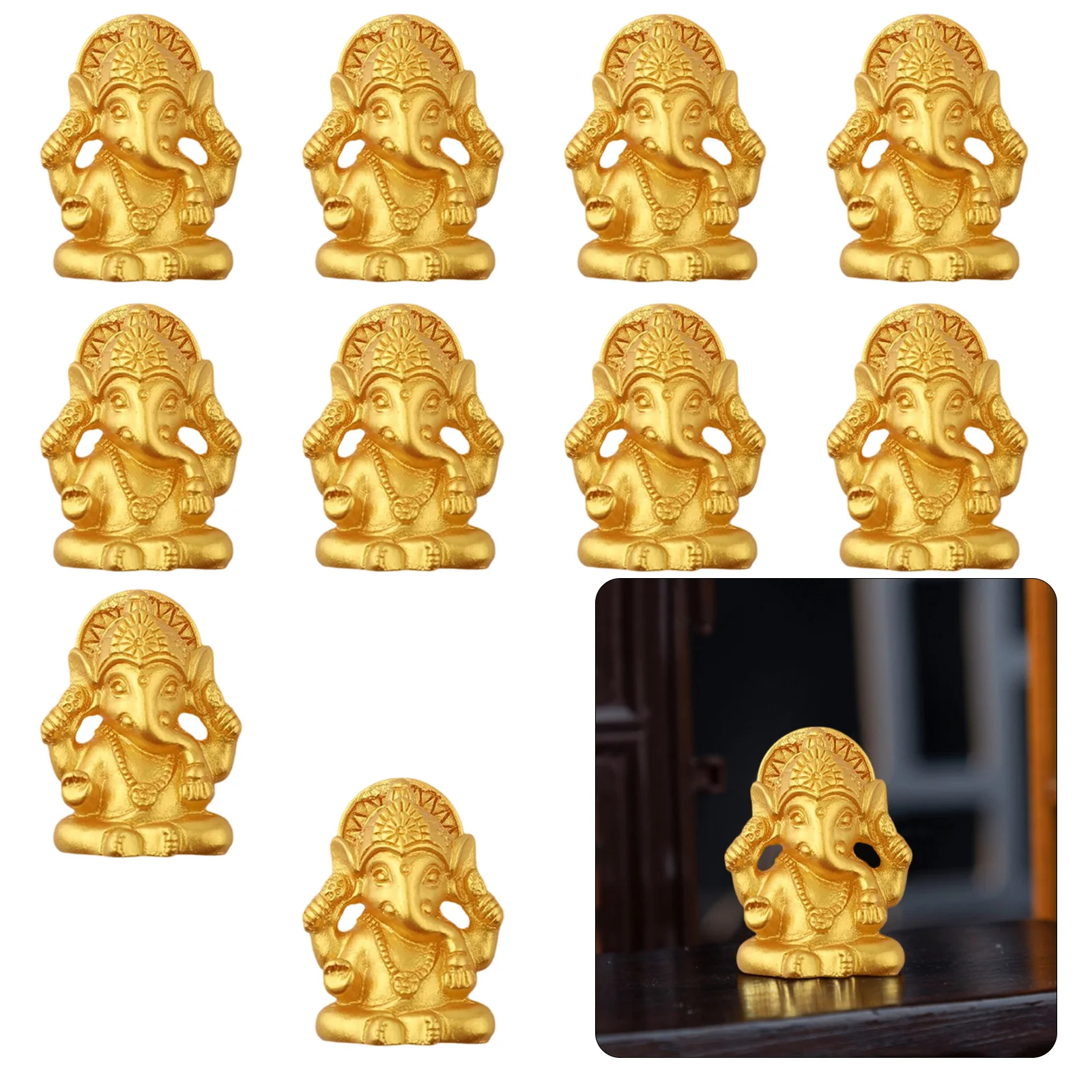 10 Stück Goldener Herr Ganesha Elefant Gott Figur Harz Buddha Skulptur Hindu Ganesh Hausgarten Dekoration Religiöse Kunststatuen – Detail 4