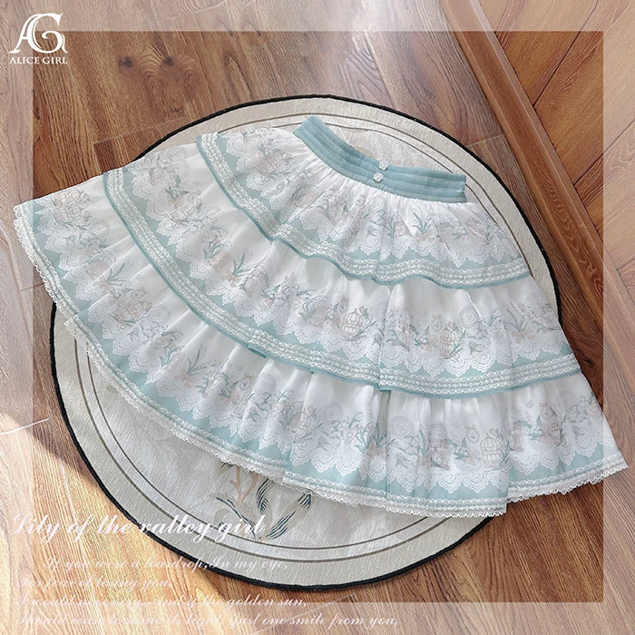 Lily of the Valley Girl Sweet Printed Lolita Corset Top & Midi Tiered Skirt Set