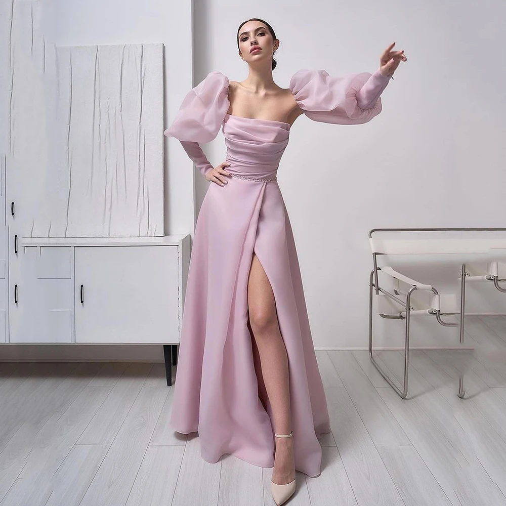 

Msikoods A Line Women Prom Dresses Puff Long Sleeve Side Split Formal Evening Dress Formal Women Occasion Gowns