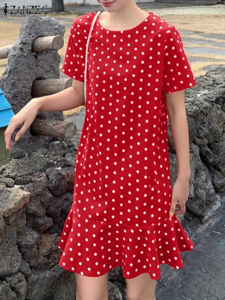 

ZANZEA Summer Polka Dots Printed Dress Women Short Sleeve Beach Sundress Casual Holiday Vestidos Elegant Ruffles Hem Robe 2024