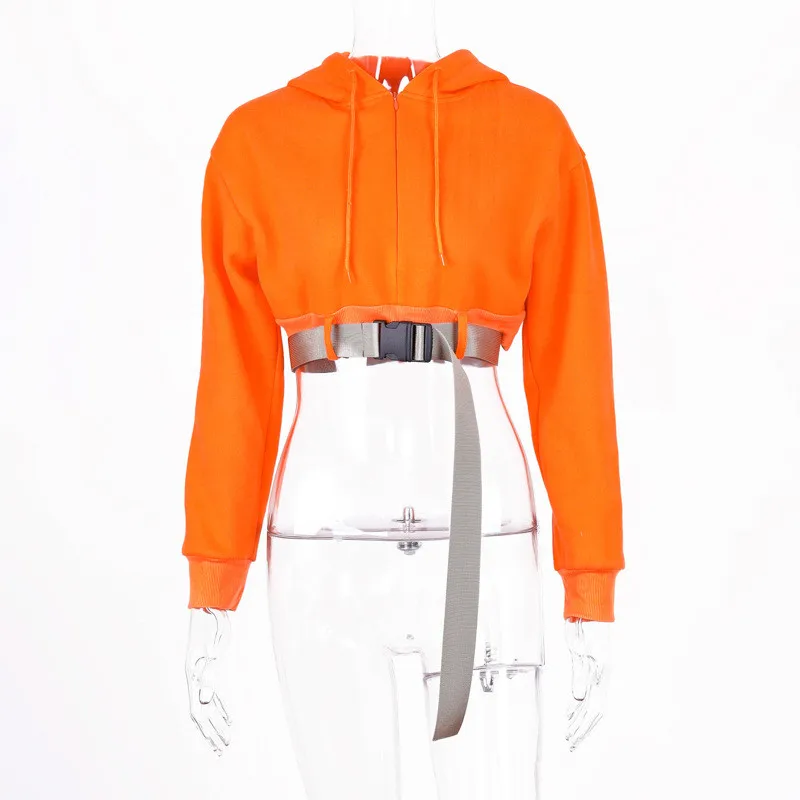 2022 Winter Streetwear Long Sleeve Y2k Top Hooded Hoodies Women Fashion Buckle Cropped Pullovers Tops Neon Orange Thick Hoodies