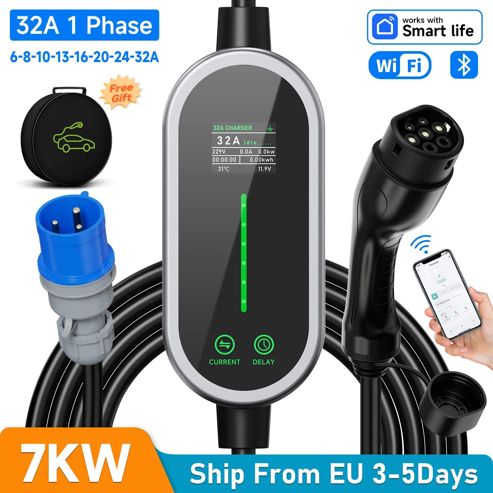 AFEEV 7KW 32A 1Phase Portable EV Charger Type2 EVSE Fast Charging Cable Wallbox CEE Plug WiFi APP Bluetooth Control