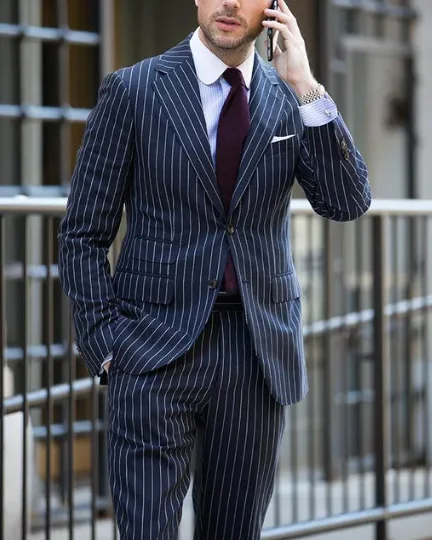 Navy Blue Vertical Stripes Male Suits New Fashion Notch Lapel Blazer Business Casual Wedding Slim Fit Suit 2 Piece Jacket Pants