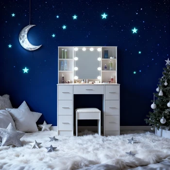 Vanity Dressing Table Makeup Desk with LED Lighted Mirror Dresser Desk+7 Drawers