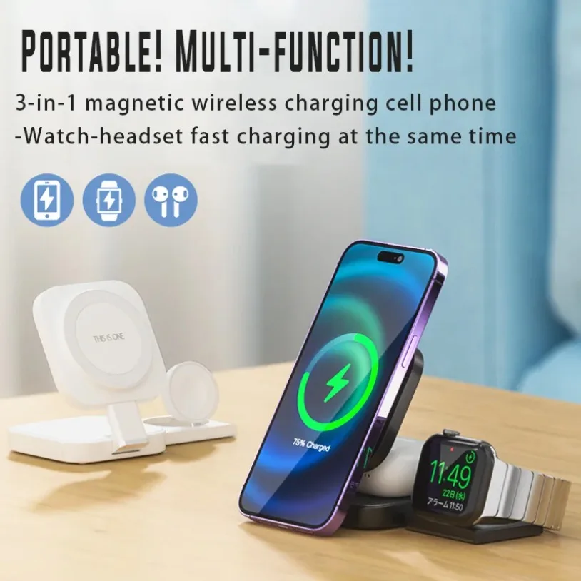 3 in 1 Foldable Magnetic Wireless Charging for Apple Magsafe Charger Stand for iPhone 16-12 Pro IWatch Airpods 2 3 Charger