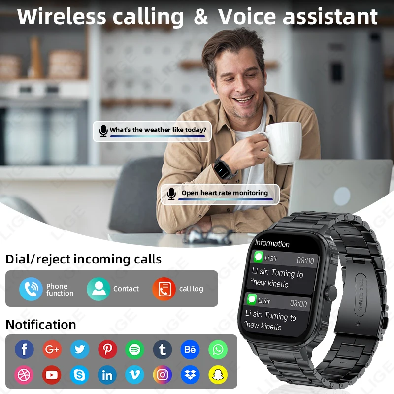 LIGE 1000mAh Large Capacity Battery Smart Watch Men Outdoor IP68 Sports Fitness Tracker Voice Calling 2.04" HD Women Smartwatch