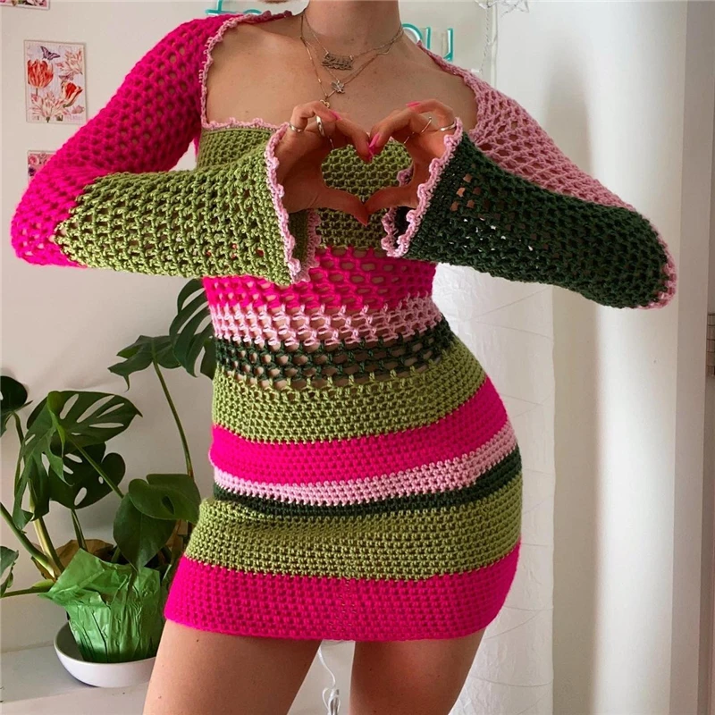 

Y2K Vintage Crochet Patchwork Stripe Mini Dress Sexy Knitted Hollow Out Bodycon Dresses Chic Women Retro Aesthetic Clothes