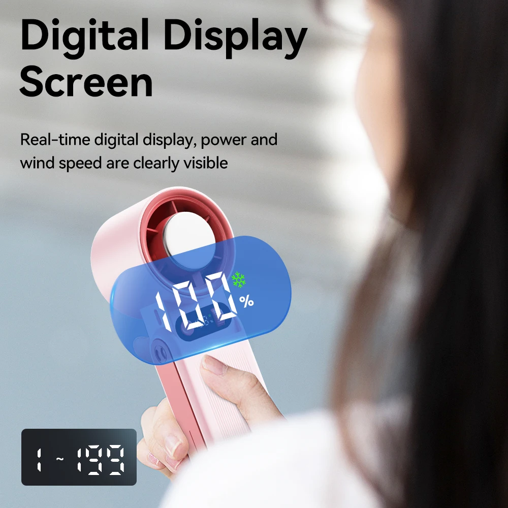 Compact Handheld Fan with LED Display and Foldable Design, 8000mAh Rechargeable Battery, Adjustable 199-Speed Levels