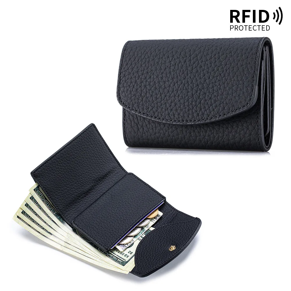 Compact Women's Leather Wallet with RFID Protection and Coin Pouch