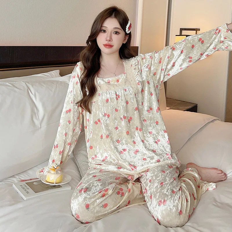 

Женский бархатный пижамный комплект с принтом, одежда для сна, Осенний пуловер с длинным рукавом и брюки, костюмы, пижама, женская элегантная свободная велюровая домашняя одежда