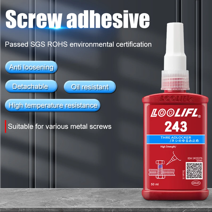 LOOLIFL 50 ml Medium Strength Threadlocker (blue) Glue 243 Threadlocker (blue) Firm Screw Glue Anaerobic Anti Loosening Agent 6