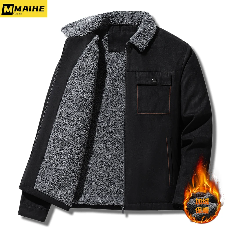 High quality Lamb fleece warm jacket for men 2023 Winter Harajuku buckskin fleece thickened Parkas casual windproof coat for men