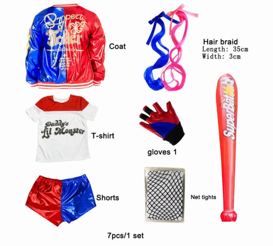 

Suicide Cosplay Costumes Quinn Squad Harley Kids Girls Monster T Shirt Coat Jacket Pants Bracelet Belt Gloves Accessories