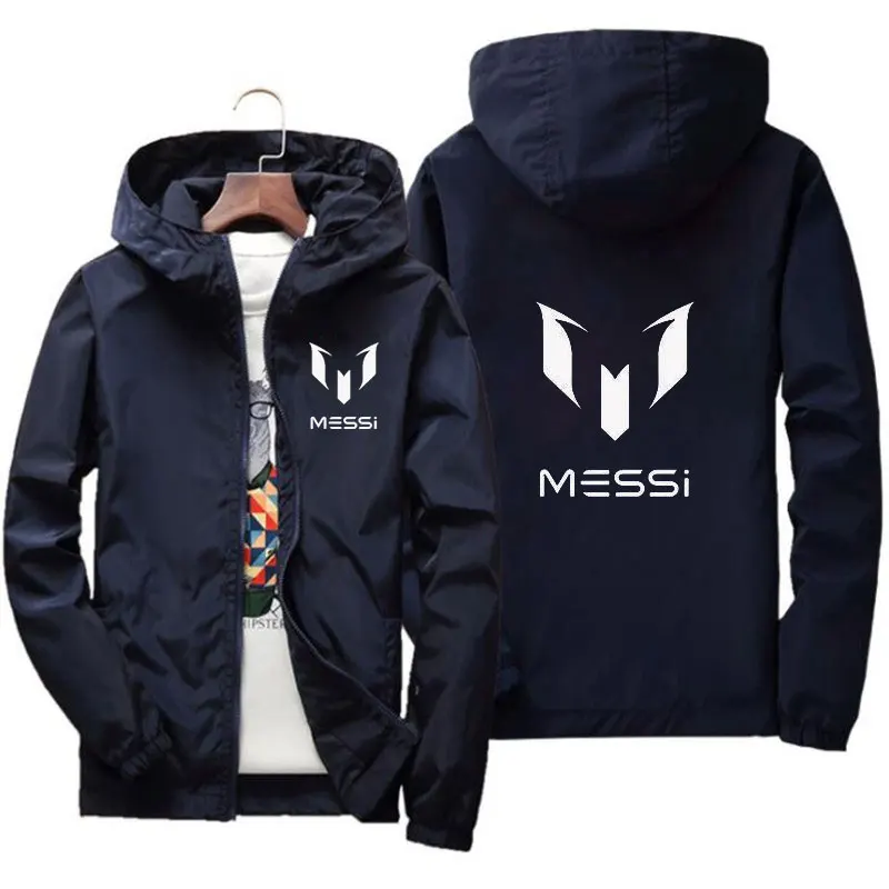 

Spring bomb men's Hooded Jacket Messi print slide sportswear slim fit patchwork windbreak jacket fitness jacket men's wear 2023