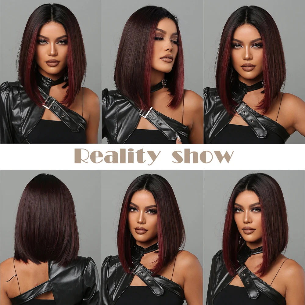 HAIRCUBE Bob-Perücken für Damen, kurze schwarze Bob-Perücke mit roten Highlights, Mittelteil, Kunsthaar-Perücken, hitzebeständiges Cosplay-Haar_voghion.com