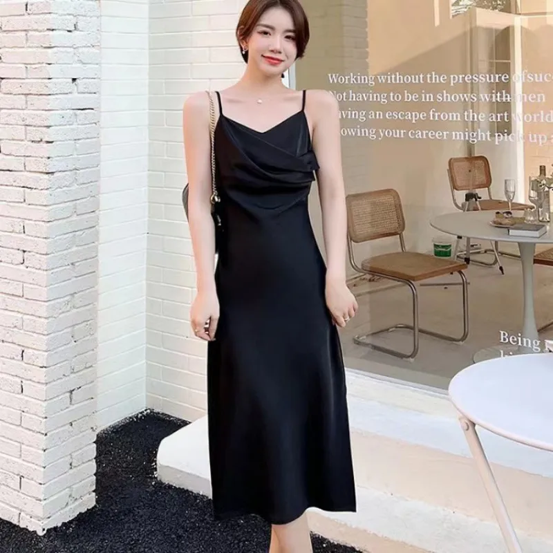 Satin Spaghetti Strap Dress Women Sexy Elegant Mid Long Dresses Soft ...