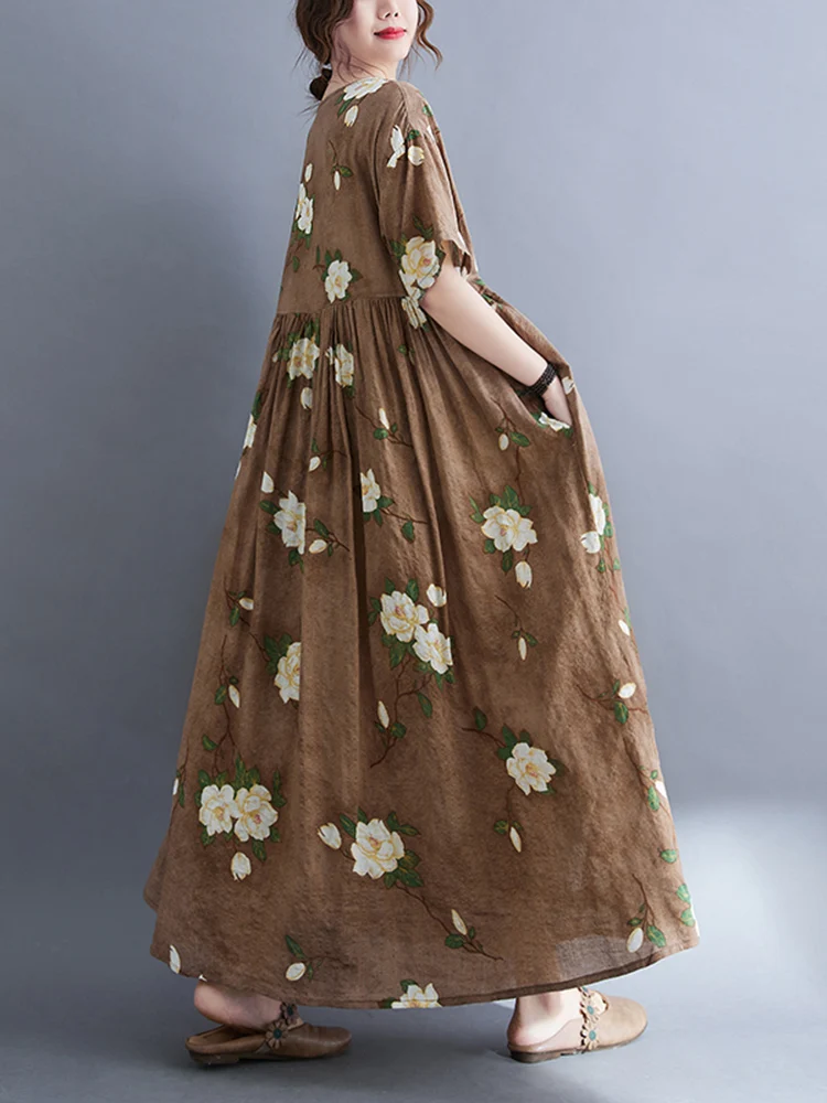 2025 New Spring Summer Women Over Size Cotton Linen Dress Vintage Dresses Casual Loose Long Vestido Female Robe Elegant Clothing