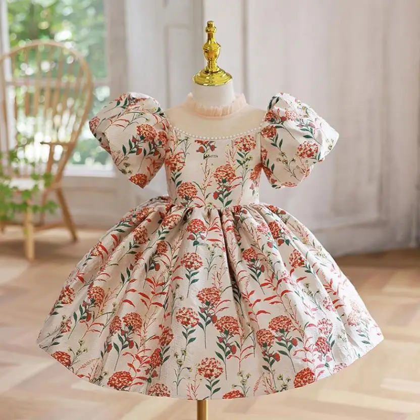 

Baby Spanish Lolita Princess Ball Gown Bead Print Design Birthday Party Christening Clothes Easter Eid Dresses For Girls A2119