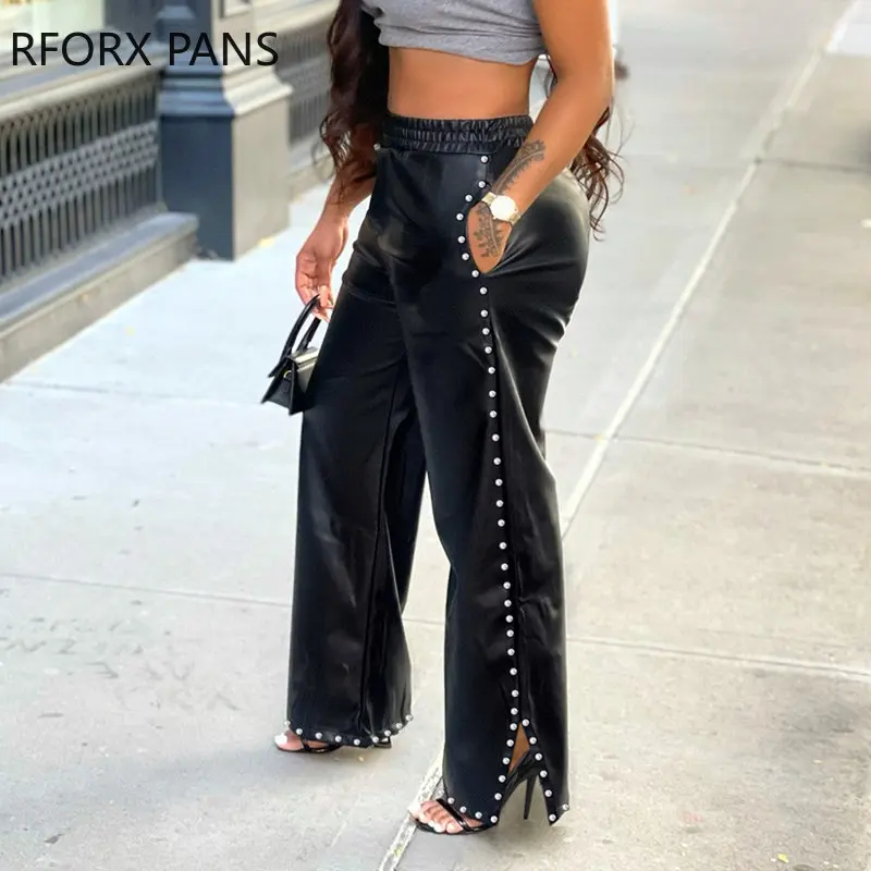 

Женские повседневные однотонные черные брюки из искусственной кожи с эластичным поясом и заклепками на весну и осень