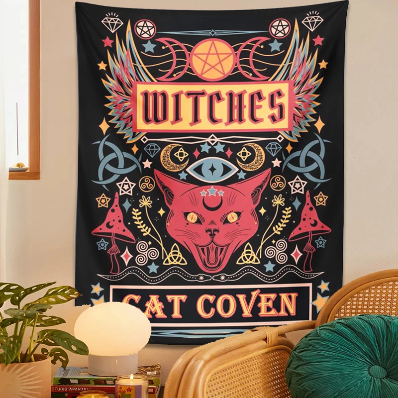 Cat Witchcraft Tapestry Wall Hanging sun moon Tarot mushroom Mysterious Divination for Living Room Home Dorm Decor Cat Coven