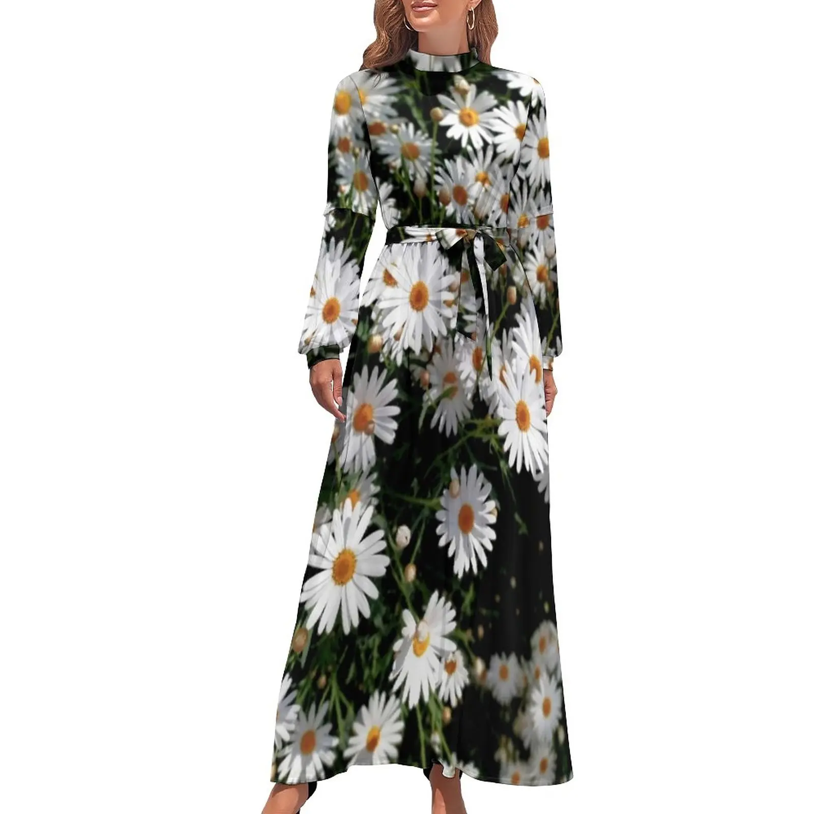 

Daisy Marguerite Floral Flowers Dress Daisies Street Fashion Boho Beach Dresses Woman Long Sleeve High Waist Long Maxi Dress