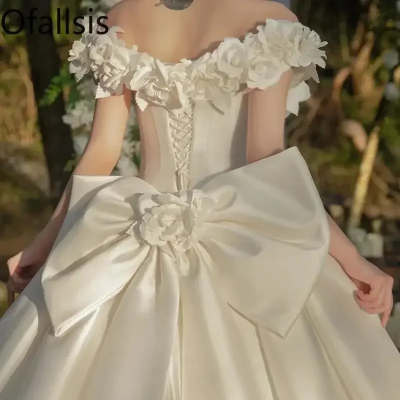 

Ofallsis Off Shoulder Satin Main Wedding Dress New Fairy Elegant White Bride Mori Style Outgoing Big Tail Wedding Dresses