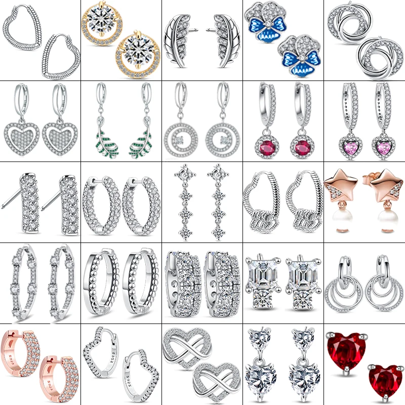 

Classic New 925 Sterling Silver Sparkling Circle Stud Earrings Heart Feather Flower Earrings For Women Fine Luxury Jewelry Gifts