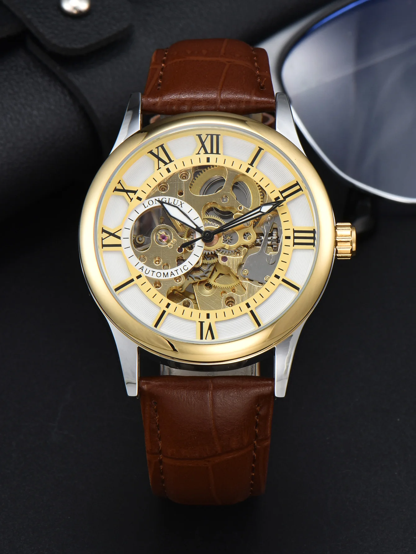LONGLUX Automatic Waterproof Leather Wristwatch with Roman Numerals - Luxury Men's Gift