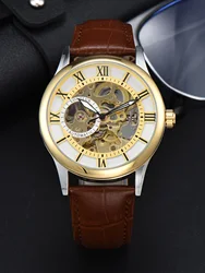 LONGLUX Automatic Waterproof Leather Wristwatch with Roman Numerals - Luxury Men's Gift (Medium gold white)