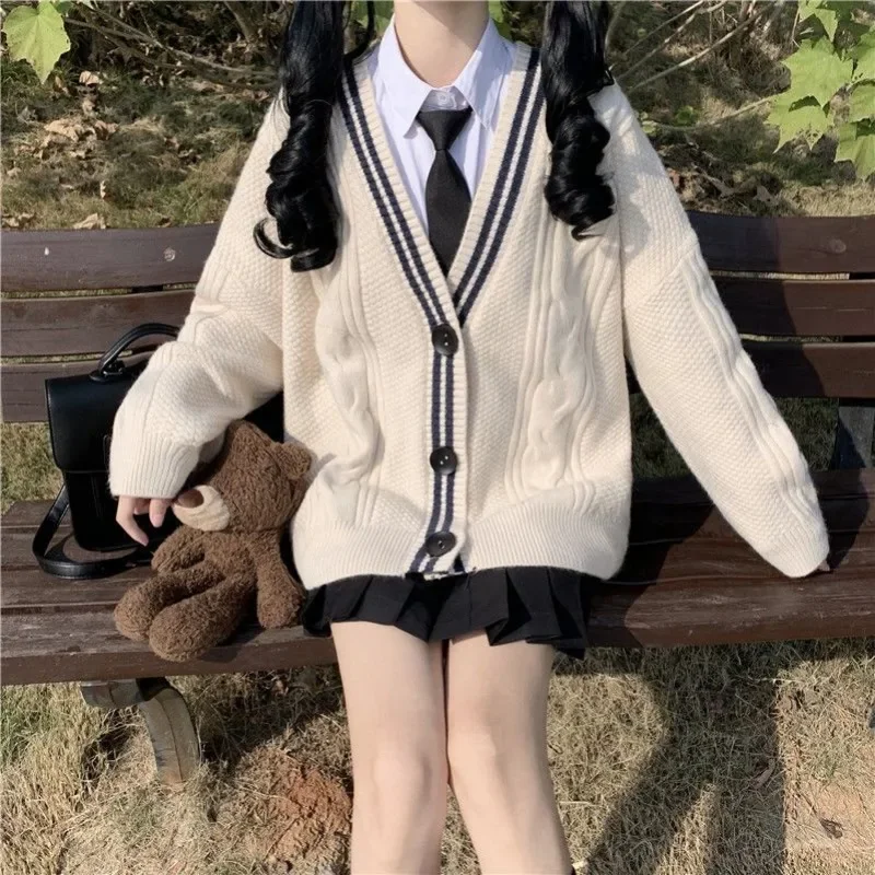 

Джемпер JK 2023, свитера в японском стиле преппи, женский осенний кардиган для школьницы, новый модный милый Свободный кардиган с V-образным вырезом и длинным рукавом