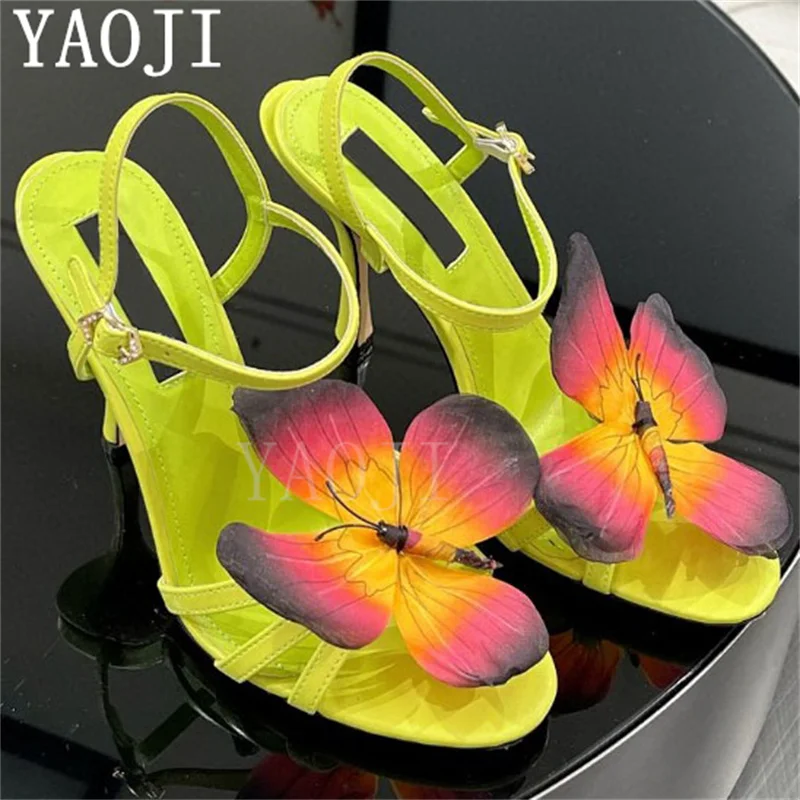 

High Quality Brand New Butterfly Sandals Thin High Heel Ladies Dress Shoes Ankle Strap Narrow Band Sandals Gladiator Shoes Woman